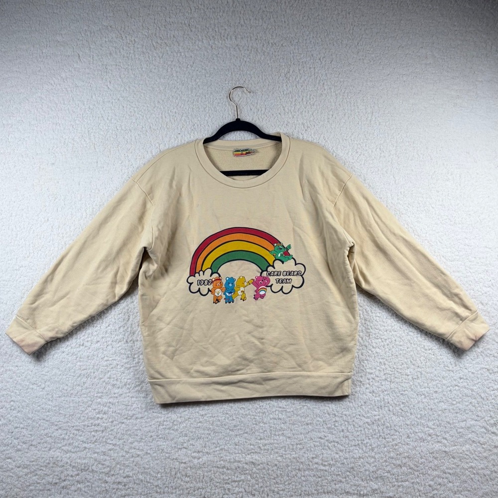 CARE BEARS TEAM Rainbow Sweatshirt Girls 14-15 Cream Tan Retro Pullover Crewneck